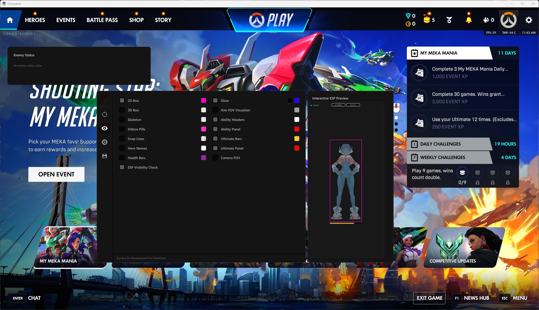 Kymera’s dark visual settings panel and interactive character preview, shown over the Overwatch menu.